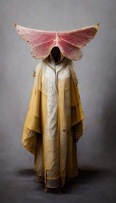 a person wearing a yellow coat with a pink butterfly on it's head and wings