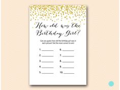 a printable birthday party game with gold confetti on the top and black lettering