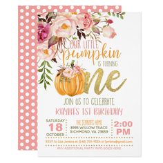 a pink and white gingham birthday party with pumpkins, roses and leaves