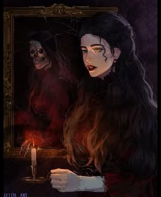 a woman holding a lit candle in front of a mirror with two skulls on it