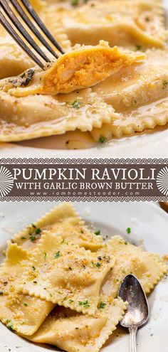 this is an image of pumpkin ravioli with garlic brown butter and parmesan cheese