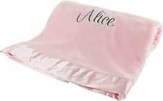 a pink blanket with the word alice on it