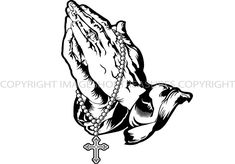 a praying hands with rosary and cross on white background