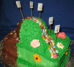 a cake that is shaped like a golf course with flowers on the grass and street signs