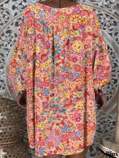 Bjux - Floral Print V Neck Long Sleeve Dress - Plus Size, featuring a Slight Stretch for Womens Dresses Multicolor Print Long Sleeve Dress For Vacation, Spring Long Sleeve Dress With Colorful Pattern, Colorful Long Sleeve Vacation Dress, Colorful Long Sleeve Floral Print Dresses, Loose Spring Vacation Dresses, Casual Multicolor Loose Dress, Long Sleeve Multicolor Print Midi Dress For Spring, Spring Multicolor Print Long Sleeve Midi Dress, Spring Long Sleeve Multicolor Print Midi Dress