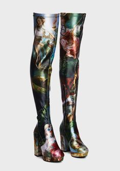 Current Mood Painting Print Thigh High Boots – Dolls Kill Demons Tattoo, Mood Painting, Mohair Suit, Current Mood Clothing, Fur Jackets, Christian Audigier, Boots Womens, Skirt Sets, Gorgeous Shoes