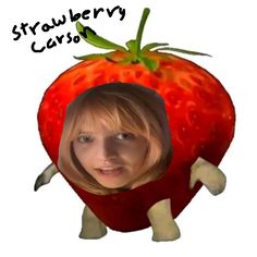 a girl with a strawberry on her head and the words strawberry carica written below it