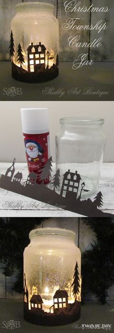 a glass jar filled with snow next to a paper cut out of a santa clause