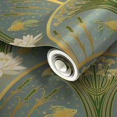 a wallpaper with gold and green designs on it