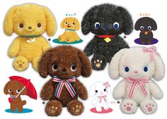 several stuffed animals with different colors and designs