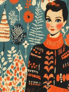 a painting of a woman in an orange and black sweater surrounded by trees, flowers, and birds