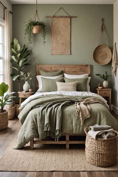 a bedroom with green walls and bedding in the corner, plants on the wall