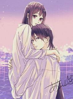 two anime characters hugging each other in front of a purple sky with stars and clouds