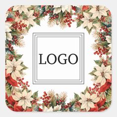 a christmas wreath with poinsettis and holly on the bottom square sticker