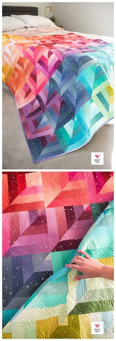 two different quilts that have been made with the same colors and shapes as they are being