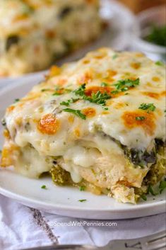 a white plate topped with lasagna covered in cheese