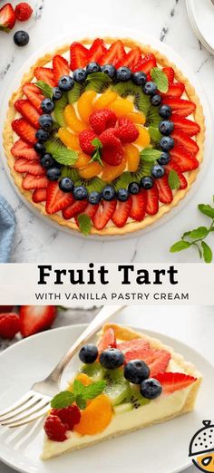 fruit tart with vanilla pastry cream and fresh berries in the middle on a white plate