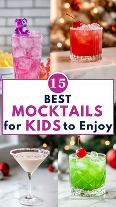 Best mocktails for kids. Fun and colorful non-alcoholic drinks with gummy bears, cherries, green and pink beverages, and candy decorations. Perfect for celebrations, birthdays, and family events. Kid-friendly drinks that are sweet, festive, and easy to make. Great for parties or holiday treats.