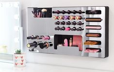 Your makeup will always be in place, and it will be easy to find. This organizer is a wall mounted makeup organizer that will help you keep your table clean and free of clutter. This organizer can hold multiple makeup products like lipsticks, lip-gloss, foundations, primers, nail polish, creams, makeup palettes, makeup brushes, lip pencils, eye shadows, compacts, powders, makeup sponges, perfumes, serum, mascara, concealer and more!It is easy to clean and it will last a long time! It is also lig Wall Mounted Makeup Organizer, Ultra Makeup, Makeup Palette Organization, Large Lips, Acrylic Organizer Makeup, Gift Makeup, Makeup Holder, Makeup Palettes, Girly Wall Art