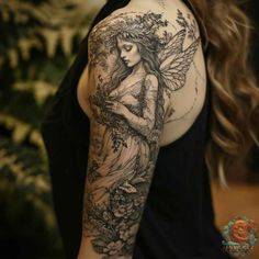 a woman's arm with a tattoo on it that has a fairy holding flowers