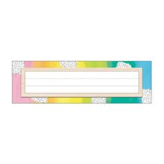 Organize cubbies, lockers, classroom supplies, student desks, and more with boho dcor using the Carson Dellosa Creatively Inspired Nameplate Set. The student desk name tag set features 36 nameplates to accommodate an entire classroom and more, each measuring about 9  x 2.8. Use each nameplate on student's desk, as a cubby or desk organizer, chalkboard labels, locker dcor, name tags, classroom storage, and classroom organization. You can also use the boho rainbow name tags for classroom labels or Name Tag For Students Desk, Boho Rainbow Name Tags, Name Tags For Classroom, Rainbow Name Tags, Animal Print Classroom, Desk Name Tags, Boho Classroom, Business Card Organizer, Rainbow Names