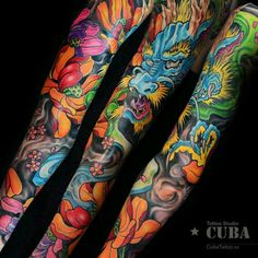 I’m digging this vibrantly colored Japanese dragon tattoo sleeve. I like how the color pops out and almost jumps out of the skins. #CuratedTattoos Color Japanese Tattoo, Colorful Japanese Tattoo, Japanese Color Tattoo, Full Dragon Sleeve Tattoo, Bright Japanese Tattoo, Dragon Full Arm Tattoo, Dragon Tattoo Sleeve, Full Arm Dragon Tattoo Japanese Sleeve, Japanese Dragon Arm Sleeve