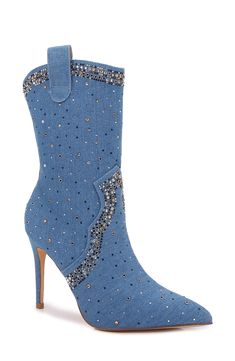 Shimmering jewel embellishments illuminate a Western-inspired boot balanced by a pointy toe and slim, stiletto heel. 3" heel 12 1/2" shaft; 16" calf circumference Synthetic upper, lining and sole Imported Trendy Embellished Fitted Boots, Denim Pointed Toe Boots For Party, Fitted Denim Boots For Party, Western Boots Women, Western Boot, Western Boots, Stiletto Heel, Boot Shoes Women, Mid Calf