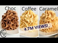 three different types of cakes on plates with the words coffee caramel and 2m views