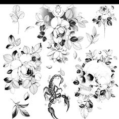 some flowers and skulls are in black and white with the number twenty on it's side