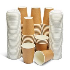 a stack of brown and white paper cups