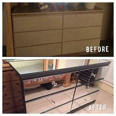 before and after photos of a dresser with glass doors that have been stripped off to reveal new drawers