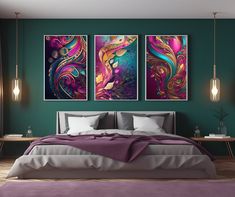 two paintings on the wall above a bed in a room with purple and green decor