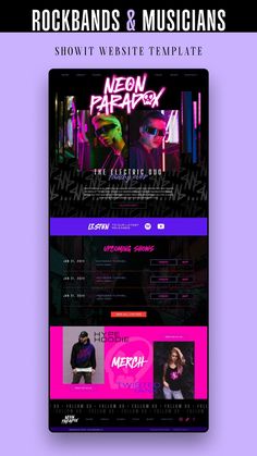 the website design for rockbands and musicians is displayed on a purple background with an image