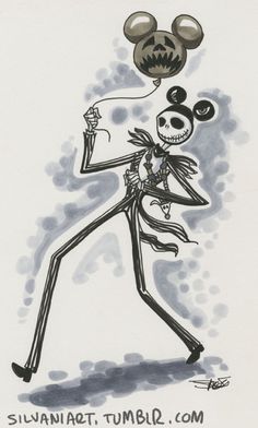 a drawing of a skeleton holding a balloon in the shape of a mickey mouse head