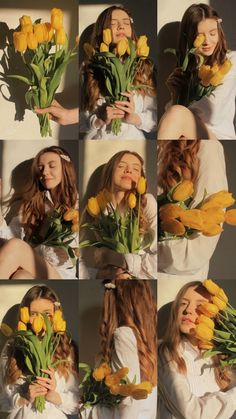 a woman holding yellow flowers in front of her face and making faces with the camera