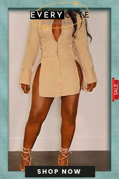 Khaki Casual Solid Patchwork Shirt Collar Long Sleeve Dresses Khaki Mini Dress For Work, Fitted Solid Color Shirt Dress For Day Out, Khaki Long Sleeve Shirt Dress For Work, Fitted Beige Mini Shirt Dress, Patchwork Shirt, Long Sleeve Dresses, Sleeve Dresses, Shirt Collar, Wholesale Fashion