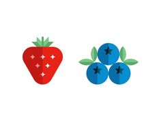 blueberries and strawberries with green leaves on them are depicted in this flat design