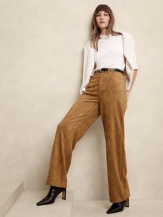 Ultra High-Rise Wide-Leg Vegan Suede Pant | Banana Republic Factory Polished Casual, Suede Pants, Shank Button, Banana Republic Women, Banana Republic Factory, Banana Republic Pants, Fall Collection, Outfit Inspo Fall, Winter 2024