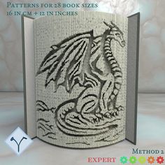 an open book with a dragon on the front and back cover is shown in 3d