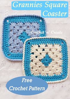 two crocheted square coasters sitting on top of a white tablecloth with the text, free crochet pattern