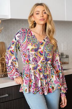 Colorful Paisley Print Knit Top-Shirts & Tops-White Birch-Three Birdies Boutique, Women's Fashion Boutique Located in Kearney, MO Peplum Skirt, Paisley Top, Outfit Shop, Paisley Print, Lightweight Fabric, Multi Colored, Pop Of Color, Knit Top, Shirts Tops