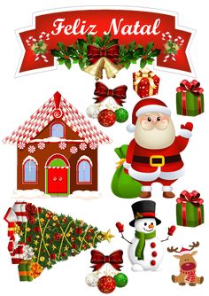 a christmas scene with santa claus, presents and other holiday items on the white background