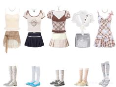 there are many different types of clothes and shoes in this photo, including skirts, dresses, socks, sweaters