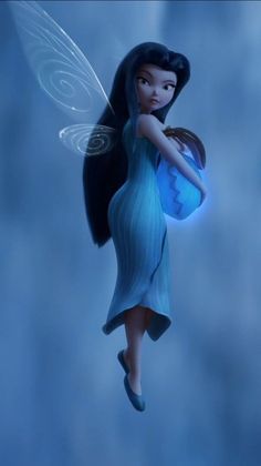 a fairy holding a blue ball in the air