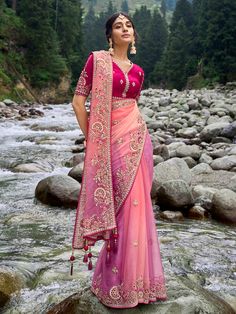 Peach Organza Saree, Work Engagement, Sari Design, Saree Style, Color Embroidery, Party Wear Saree, Indian Dresses Traditional, Indian Brides