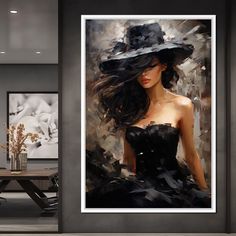 a painting of a woman wearing a black dress and hat in front of a dining room table