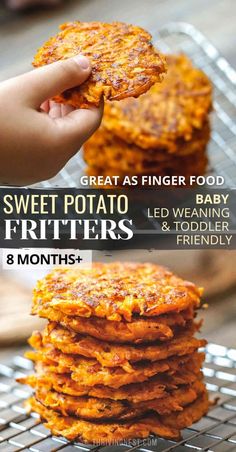 sweet potato fritters on a cooling rack with text overlay that reads great as finger food