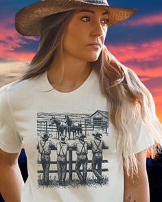 Add a touch of rugged charm to your wardrobe with this vintage western cowboy shirt! Perfect for the country western loving girl.  MOST IMPORTANTLY, THANK YOU FOR BEING HERE AND CHECKING OUT OUR FASHIONABLE DESIGNS. OUR CUSTOMERS ARE THE HEART OF OUR BUSINESS! ALL SHIRTS ARE DTG PRINTED IN THE USA.  ALL BELLA-CANVAS TEES & SWEATSHIRTS ARE UNISEX SHIRTS. ALL ORDERS SHIPPED IN 2-5 DAYS, DEPENDING ON AVAILABILITY & HOLIDAYS. PLEASE CONSULT THE CHARTS TO DETERMINE THE BEST SIZE & COLOR. IF YOU WOULD Western Style T-shirt For Rodeo, Western White T-shirt For Country Events, Western Style White T-shirt For Country Events, Country Style Short Sleeve Tops For Western-themed Events, White Western Tops For Country Events, Vintage Short Sleeve Tops For Western-themed Events, Western-style Cotton Top For Western-themed Events, Western Style Cotton Top For Western-themed Events, Country Style Graphic Print Top For Rodeo