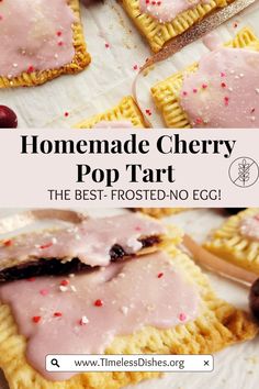 Pink frosted homemade cherry pop tarts with heart sprinkles on a parchment lined baking sheet. Homemade Cherry Poptarts, Homemade Poptarts Recipe, Peanut Butter Pop Tarts, Cherry Icing, Homemade Toaster Strudel, Homemade Poptarts