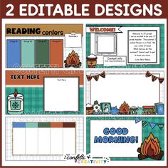 two editable designs for reading centers, text here and good morning on the page